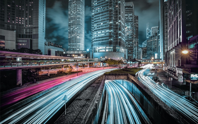 Fast and flexible landscape Street view of blurred car lights